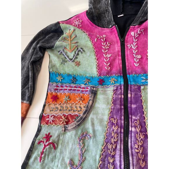 Boho Embroidered Patchwork Hooded Zip Jacket Sz M Festival Hippie - Picture 4 of 14